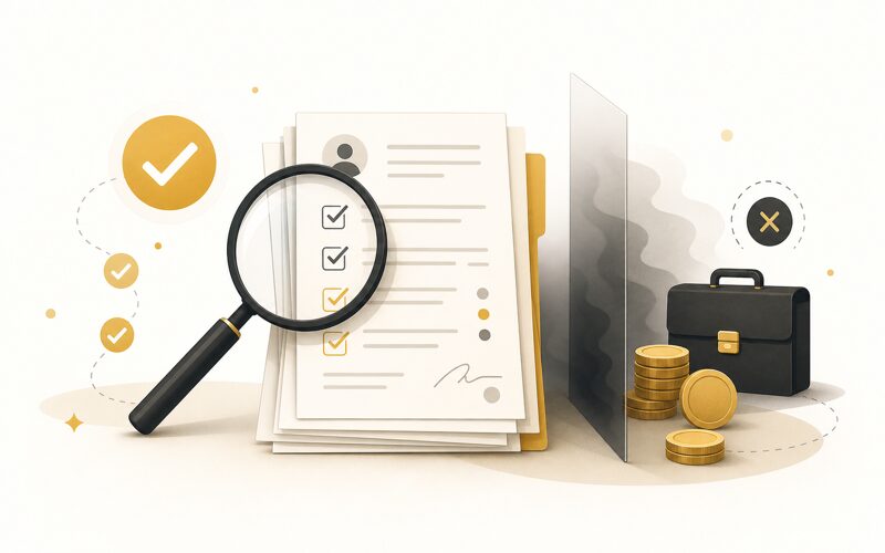 虫眼鏡で書類を審査するイメージ。チェックリスト、お金、ビジネスバッグ。収入や仕事があっても保証会社の審査に通らないことを表す