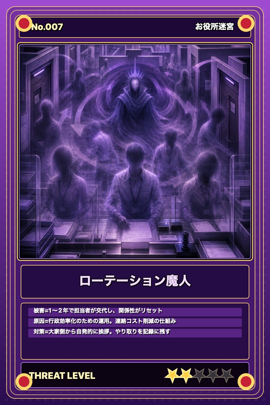 モンスターカード No.7 ローテーション魔人。1〜2年で担当者が変わり、関係性がリセットされる