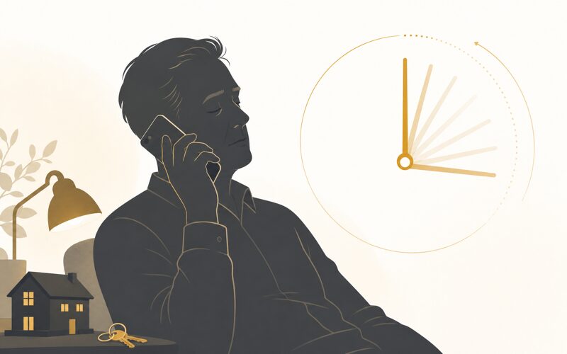電話を耳に当てる大家のシルエットと、時間の経過を示す時計。自主管理大家の終わらない長電話を表すイメージ
